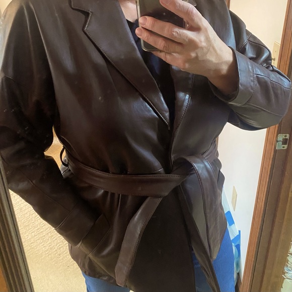 Remy Vintage Brown Buttery Soft Leather Belted Oversized Unisex Jacket, Med/Lg - Picture 15 of 16